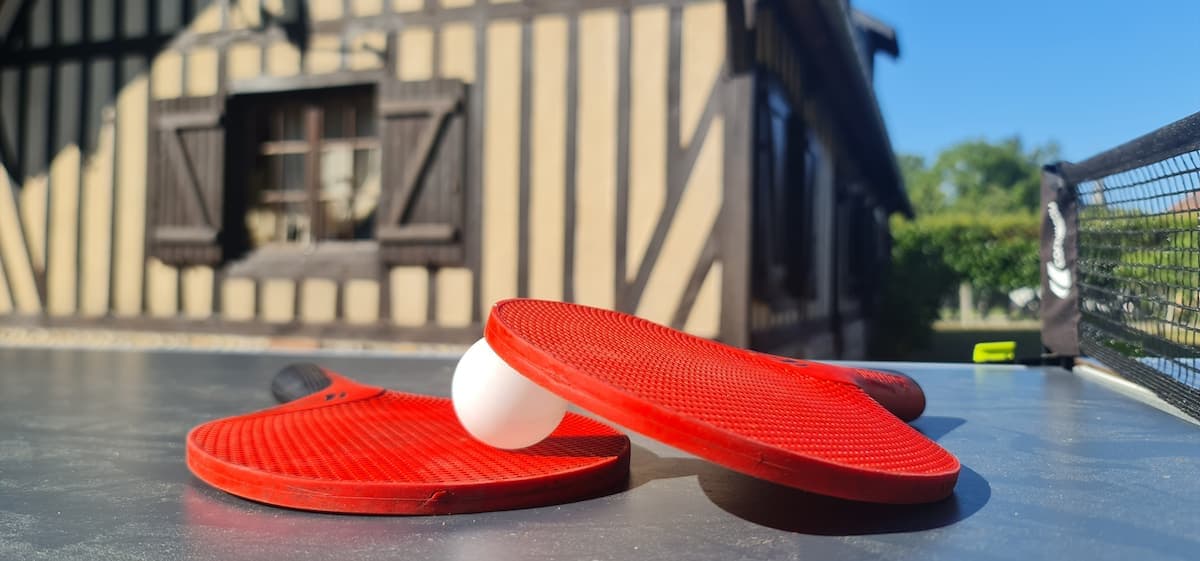 Raquettes de ping-pong sur la table extérieure devant la maison